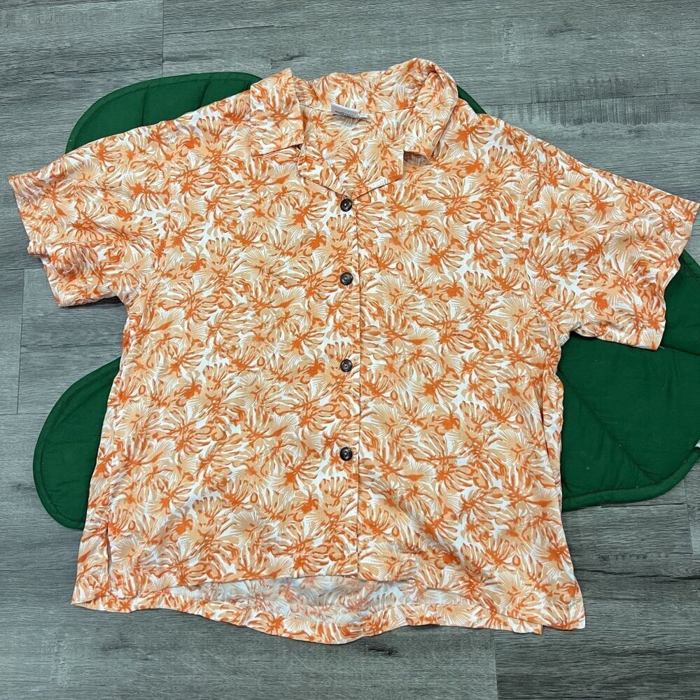 Makai Beach Hawaii Womens Large Orange Floral Button Down Rayon Blouse
